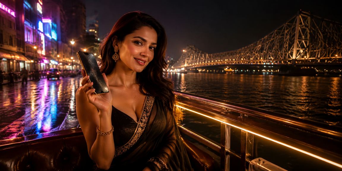Neon lights reflecting on Howrah Bridge with online gaming overlay